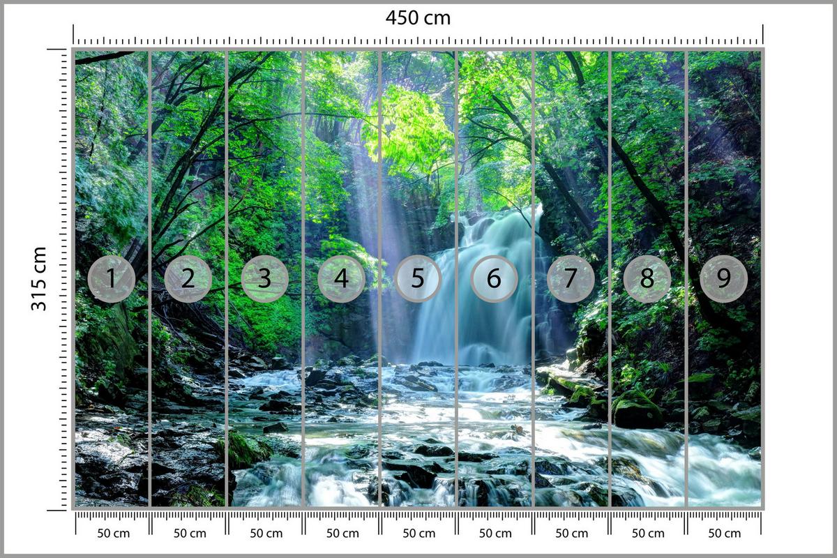 FOTOTAPETE für Schlafzimmer Wasserfall Wald Felsen Bäume Pflanzen 450x315 - Türkis/Blau, Papier (450/315cm) - Muralo