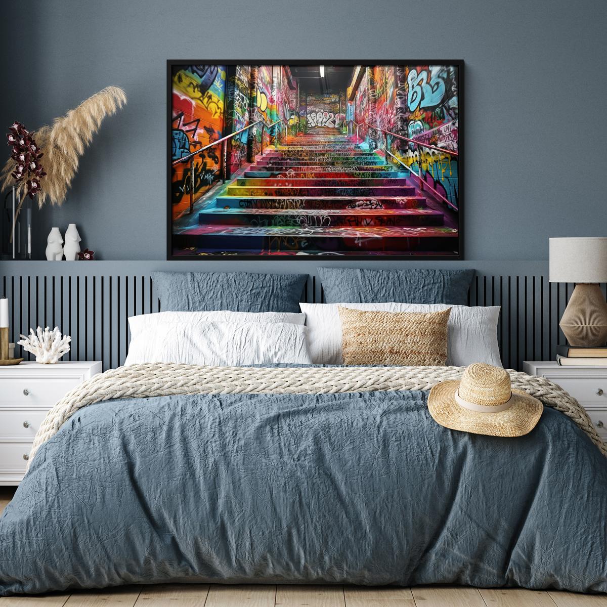 POSTER MIT RAHMENGERAHMTES BILD Treppe - Graffiti - Farben - Kunst 120x80 cm - Multicolor, Papier (120/80cm) - MuchoWow