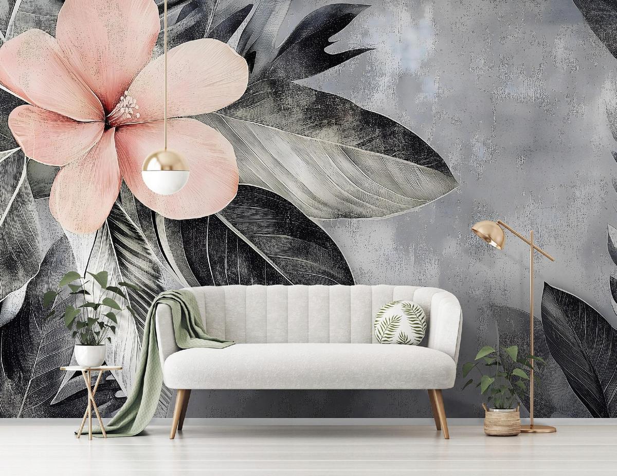 FOTOTAPETE Blumen Beton Blätter Vintage Schlafzimmer 350x250 - Grau, Papier (350/250cm) - Wallarena