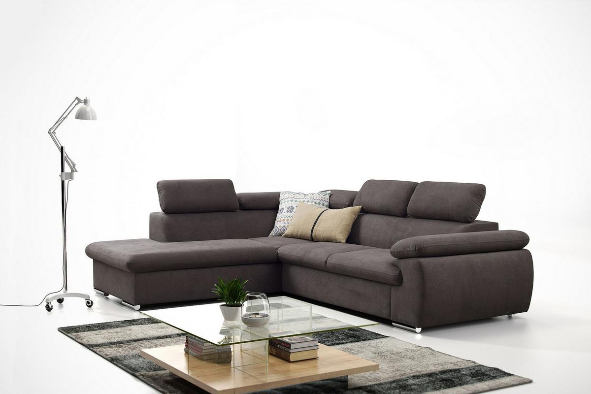 ECKSOFA SACRO Braun Plüsch-Stoff mit Schlaffunktion - Braun, Holz (271/221cm) - MASSENO
