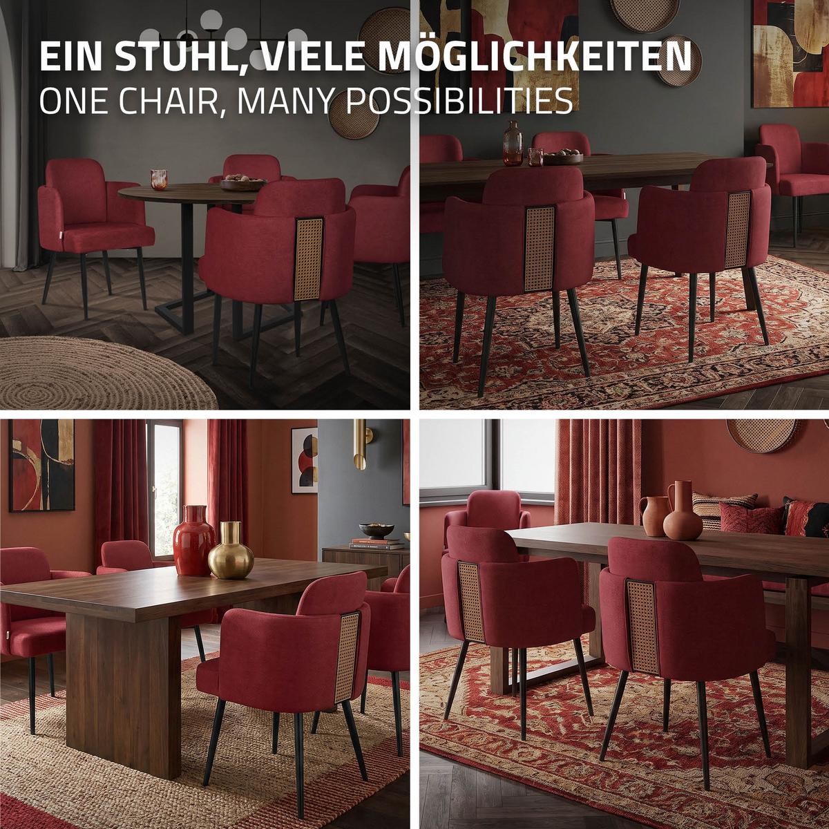 ESSZIMMERSTÜHLE 2er Set Rot mit Stoffbezug Rattan Optik - Rot/Schwarz, Textil/Metall (59/86/59cm) - ML-DESIGN
