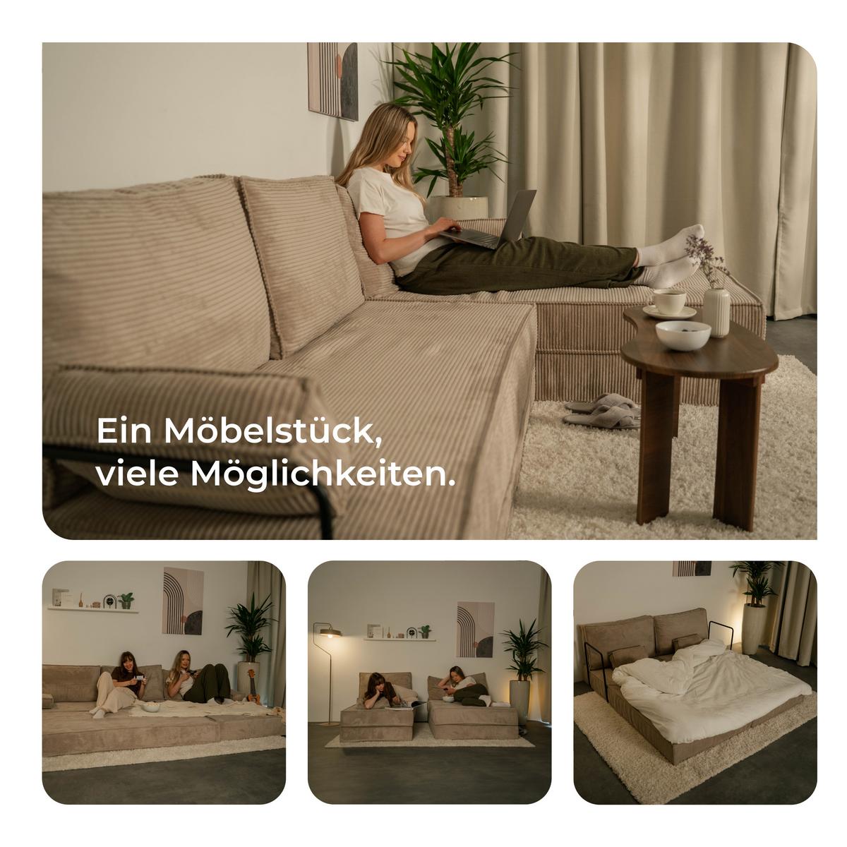 ECKSOFA ANKO modulares Boneless Sofa mit Schlaffunktion Hellgrau Kordstoff - Hellgrau, Textil (270/160cm) - MASSENO