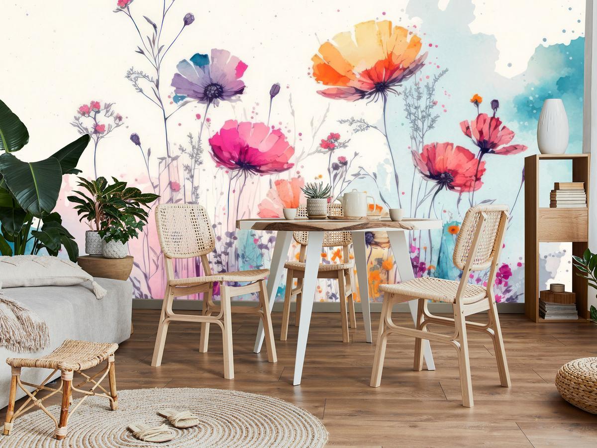 FOTOTAPETE für Schlafzimmer Abstrakte Bunte Wiesenblumen Aquarell 350x256 - Türkis/Rot, Papier (350/256cm) - Muralo