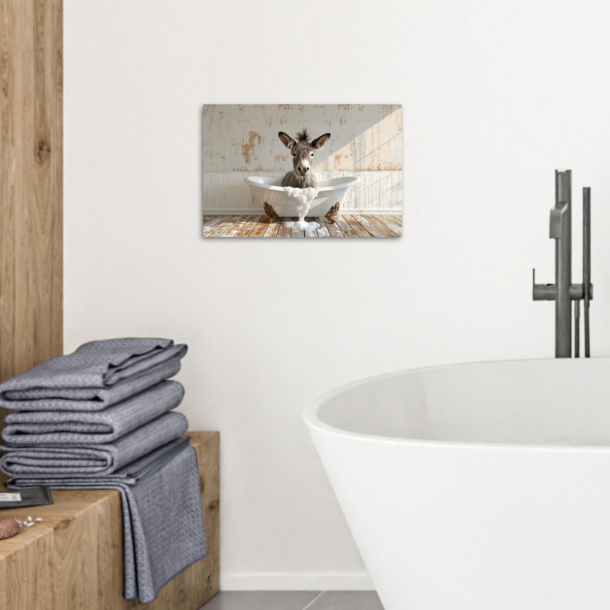 LEINWANDBILD Esel - Tiere - Badewanne - Schaumstoff Deko Schlafzimmer 30x20 cm - Weiß, Textil (30/20cm) - MuchoWow