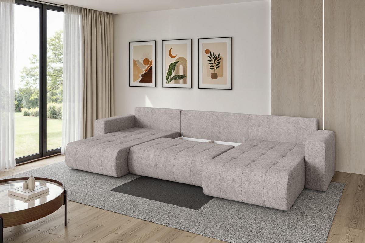 WOHNLANDSCHAFT mit Schlaffunktion und Bettkasten MILA-U 378x194x86 Hellgrau Velours - Hellgrau/Schwarz, Holzwerkstoff/Kunststoff (378/86/194cm) - ALTDECOR