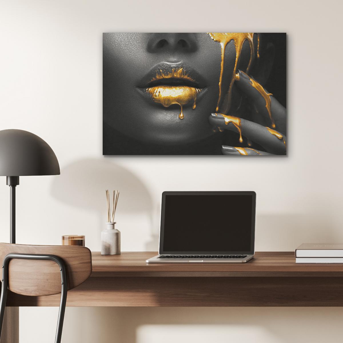 AKUSTIKBILD Frau - Schwarz - Gold - Gesicht - Lippen Wanddeko 70x50 cm - Goldfarben, Kunststoff (70/50/0.9cm) - MuchoWow