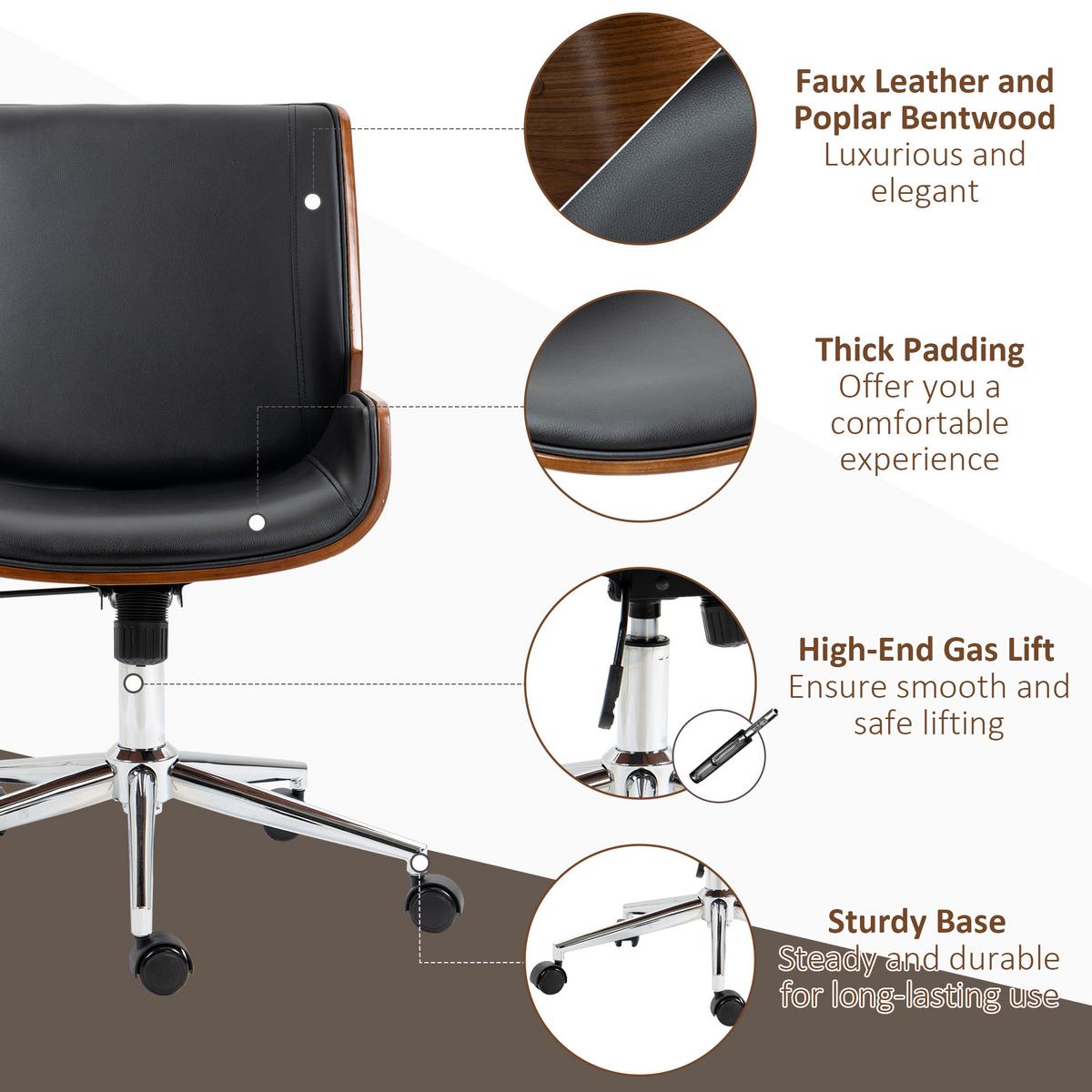 BÜROSTUHL mit Wippfunktion, Ergonomischer Computerstuhl, bis 120 kg Belastbar - Schwarz, Leder (60/96/53cm) - Vinsetto