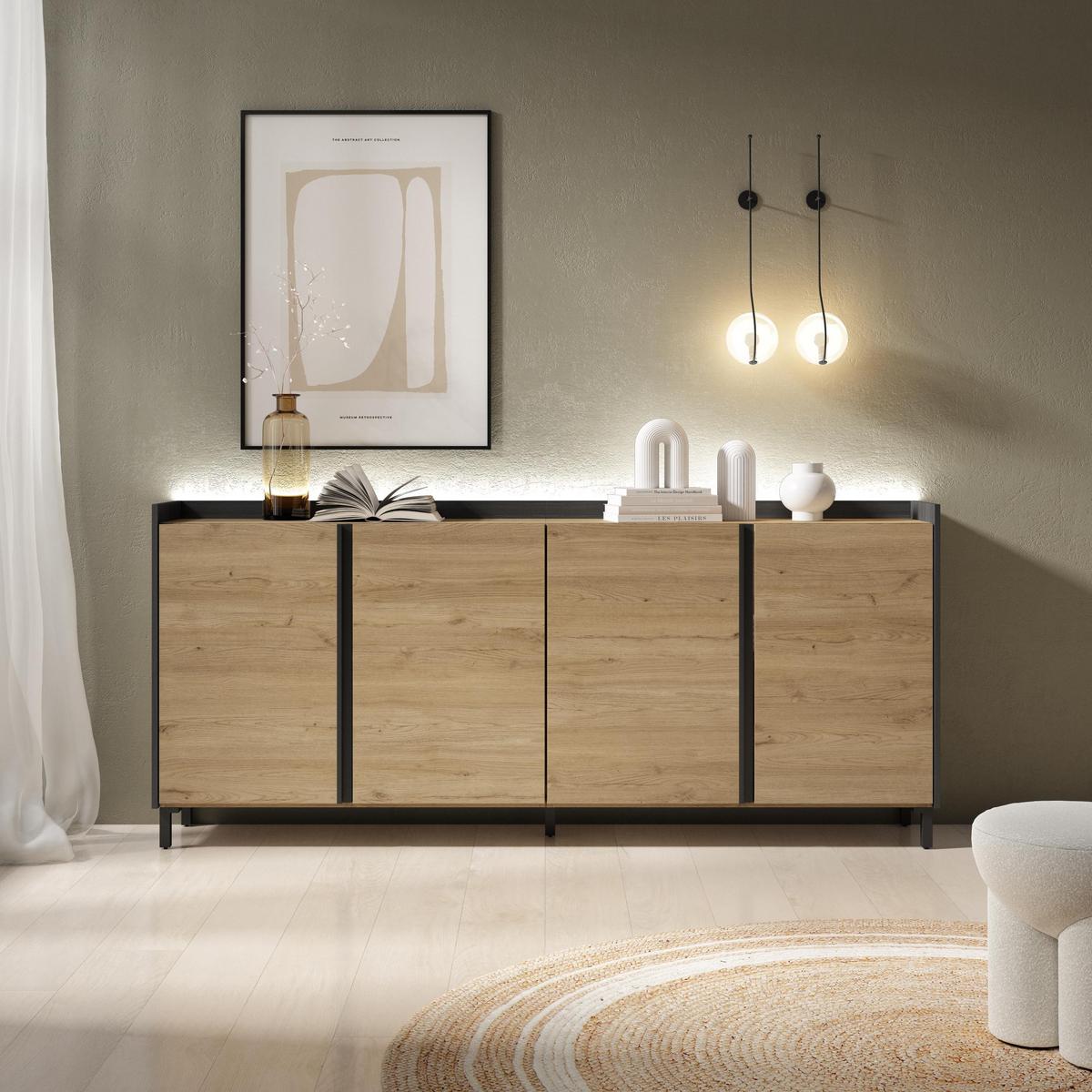 SIDEBOARD, Eiche und Schwarz, 207/35/91cm, mit Beinen - Eichefarben, Holzwerkstoff (207/91/35cm) - Skraut Home