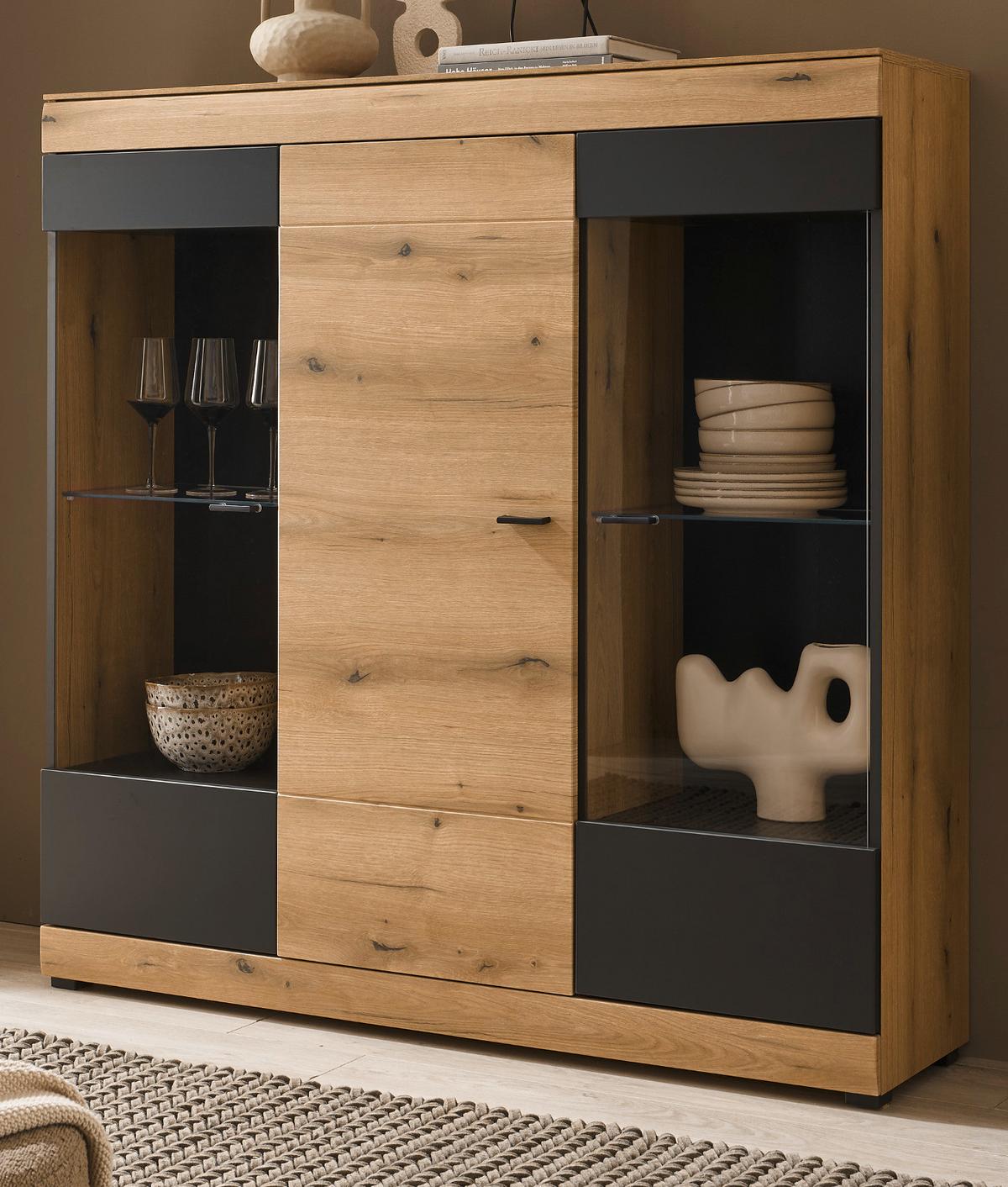 HIGHBOARD in Eiche, grau 140 x 141 cm, Vitrine mit Soft-Close - Kaschmir/Eichefarben, Glas/Holzwerkstoff (140/141/35cm) - Furn.Design