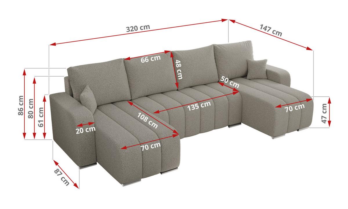 WOHNLANDSCHAFT KIRASSO U Hellgrau Boucle - Hellgrau/Grau, Textil/Metall (320/86/147cm) - MKS
