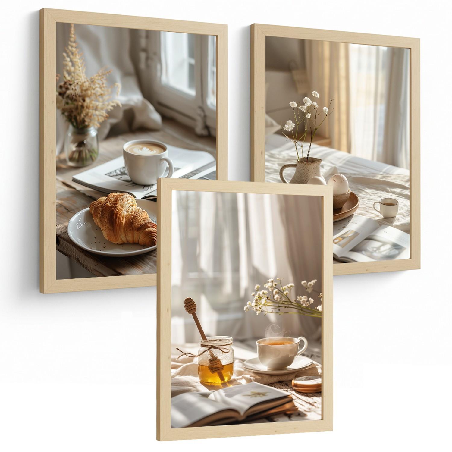 POSTER 3er Set Kaffee und Frühstück Wandbilder Croissant Honig und Tee Gemütlich Nordisch Küche Deko Leichter Holzrahmen A3 - Beige, Papier (29.7/1/42cm) - Nacnic