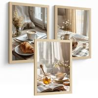POSTER 3er Set Kaffee und Frühstück Wandbilder Croissant Honig und Tee Gemütlich Nordisch Küche Deko Leichter Holzrahmen A3 - Beige, Papier (29.7/1/42cm) - Nacnic