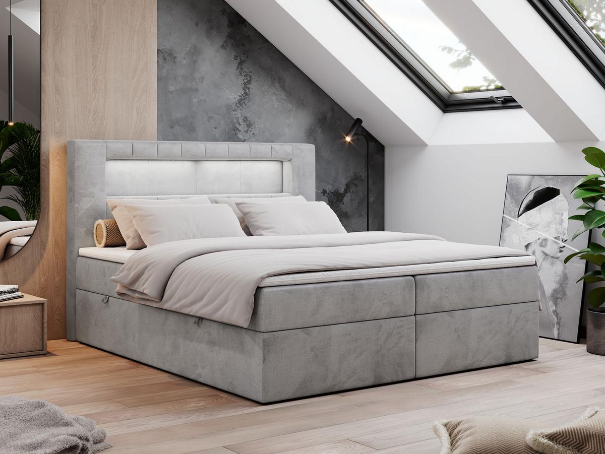 BOXBETT GOLD-5 LED 140/200 Hellgrau Velvet - H3 - Hellgrau, Holz/Textil (140/200cm) - MKS