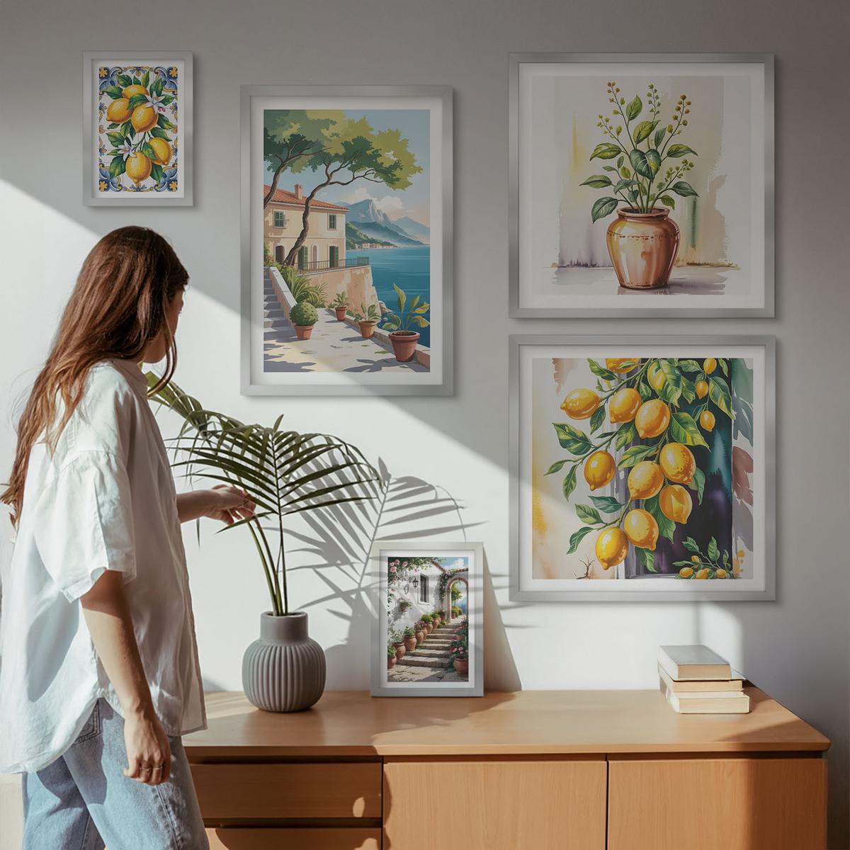 BILDER SET 5er Set - 50x50 cm & 20x30 cm & 40x60 cm Silberner Rahmen - Zitrusbaum im Fenster am Meer - Silberfarben, Kunststoff (40/60cm) - TULUP