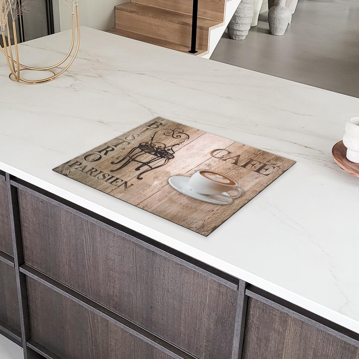 HERDABDECKPLATTE Bistro Parisien - Café - Kaffee - Jahrgang Herdabdeckung Induktionsfeld 65x52 cm - Cappuccino, Kunststoff (65/52/0.2cm) - MuchoWow