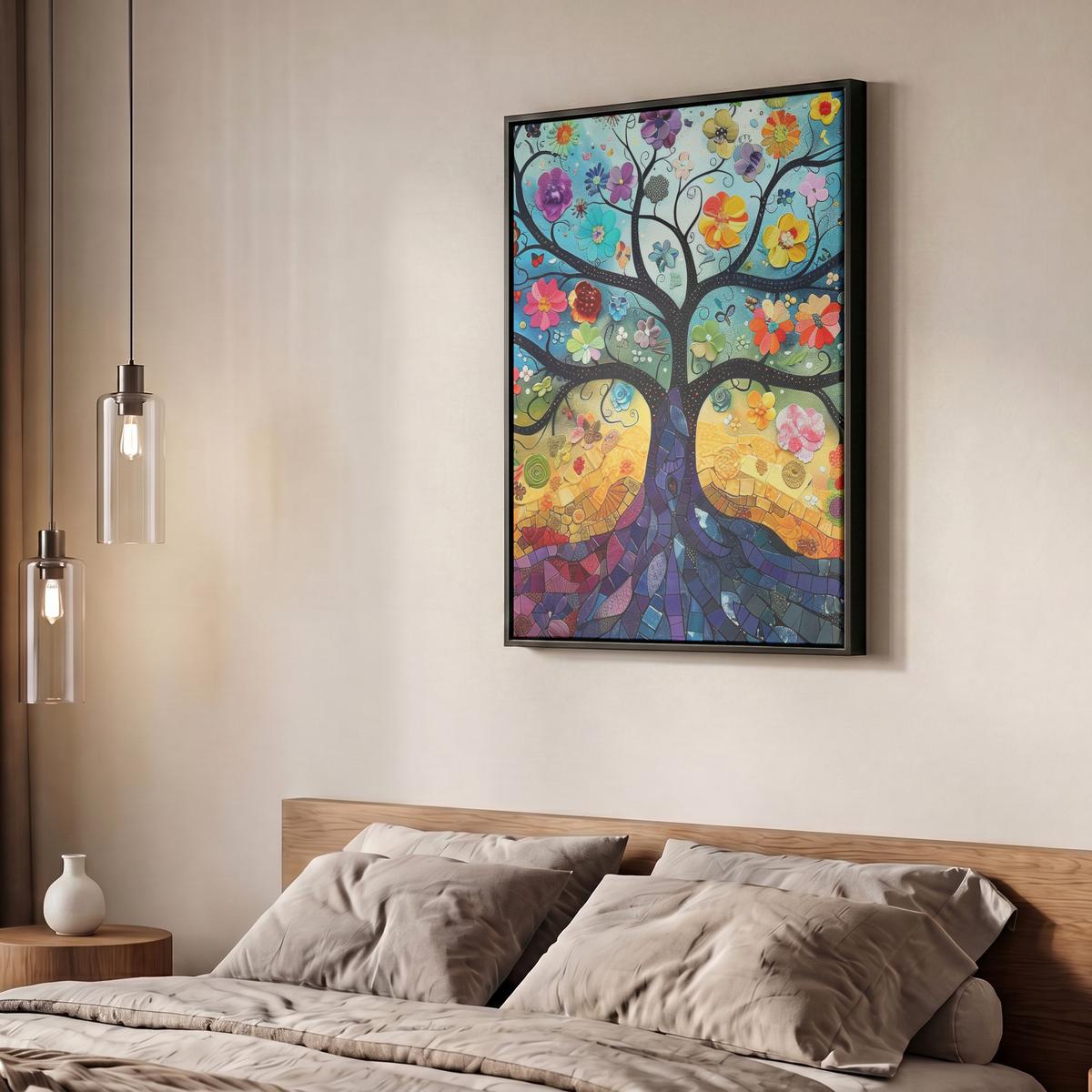 LEINWAND Bilder mit Rahmen - Kunst - Baum des Lebens - Blumen - Hippie - 50x70 - Dunkelblau, Textil (50/70cm) - MuchoWow
