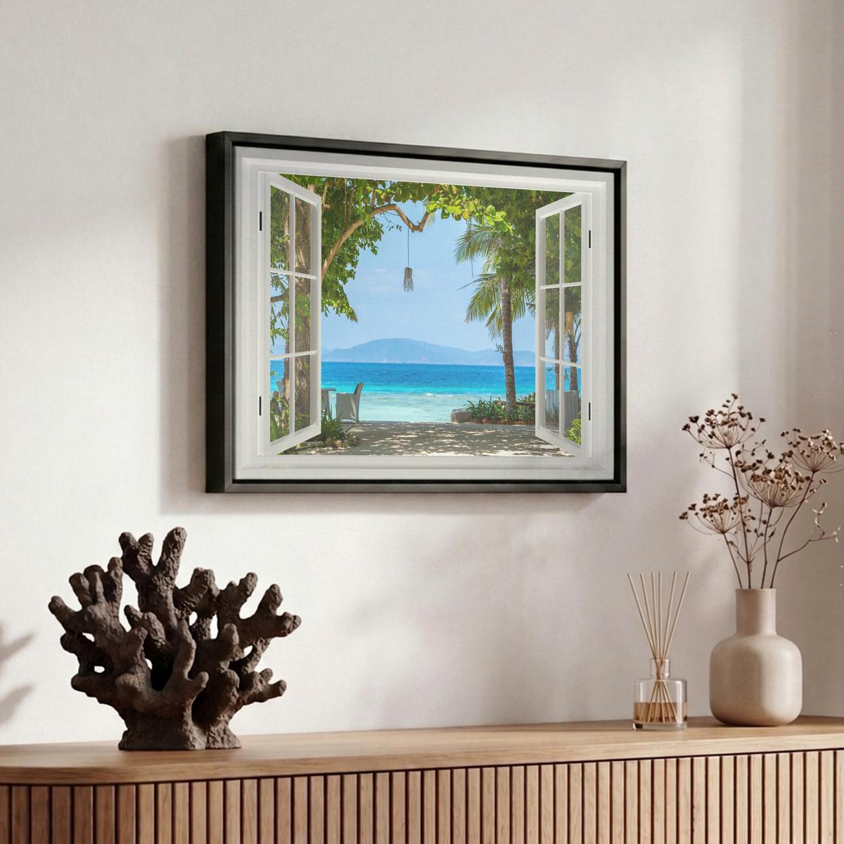 LEINWAND Bilder mit Rahmen - Aussicht - Baum - Meer - Palme - Hügel - Strand - Blau - 30x20 - Blau, Textil (30/20cm) - MuchoWow