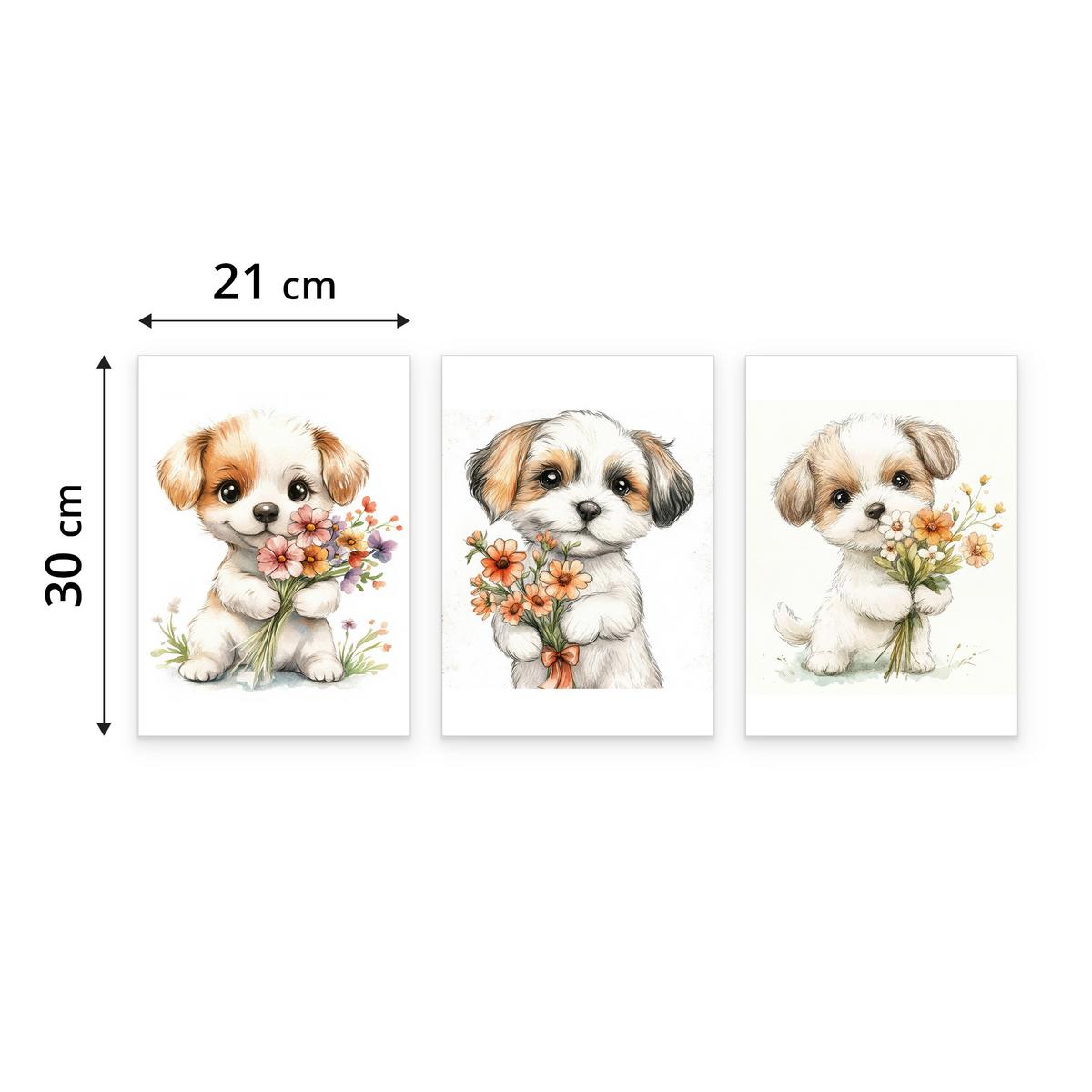 POSTER SET für Kinderzimmer HUNDE Welpen Blumen Tiere 3x Poster A4 21x30cm - Beige/Rot, Papier (21/30/1cm) - Muralo