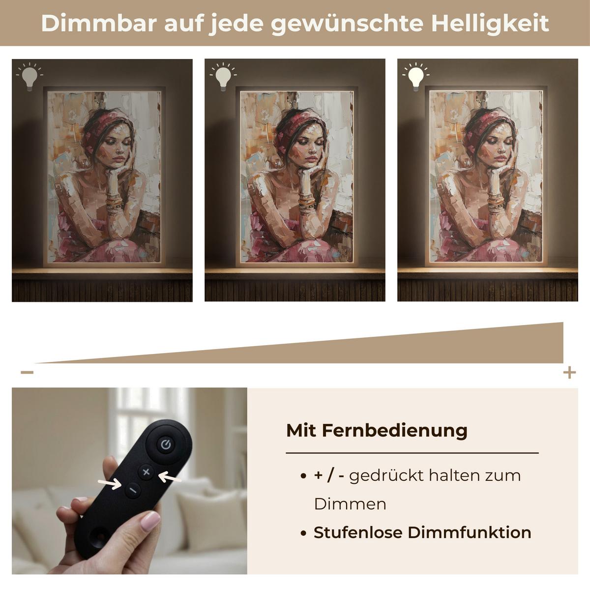 WANDLEUCHTE MIT AKKU Frau - Lackierung - Porträt - Modern 40x60 cm - Braun, Holzwerkstoff (40/60/8cm) - OnlyWow