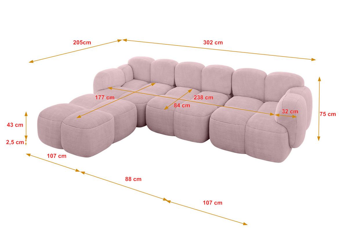 ECKSOFA modulares Sofa Links Miko-L2 302x205x75 Rosa Cord - Schwarz/Rosa, Holzwerkstoff/Kunststoff (302/205cm) - ALTDECOR