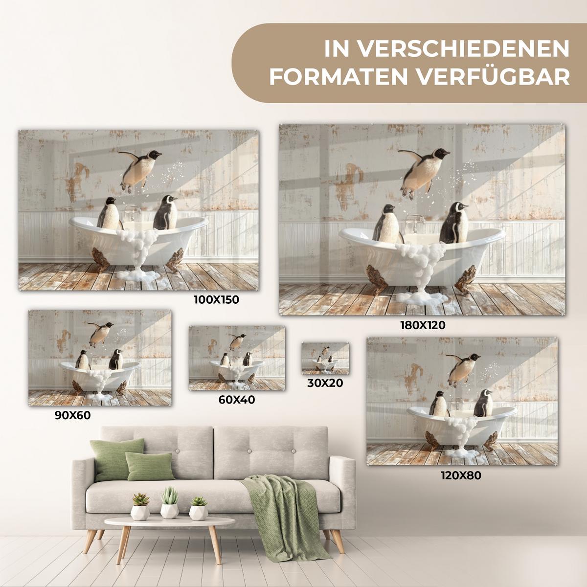 ACRYLGLASBILD Vintage - Pinguin - Badewanne - Schaumstoff Room Decor 90x60 cm - Schwarz, Glas (90/60cm) - MuchoWow