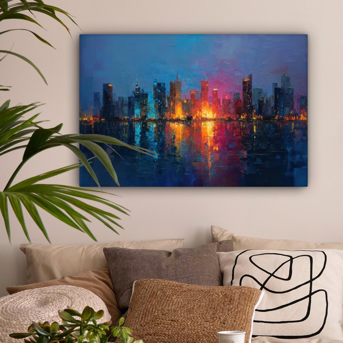 LEINWANDBILD Skyline - Pinselstriche - Dunkelblau - Leuchtend Gemälde 60x40 cm - Blau, Textil (60/40cm) - MuchoWow
