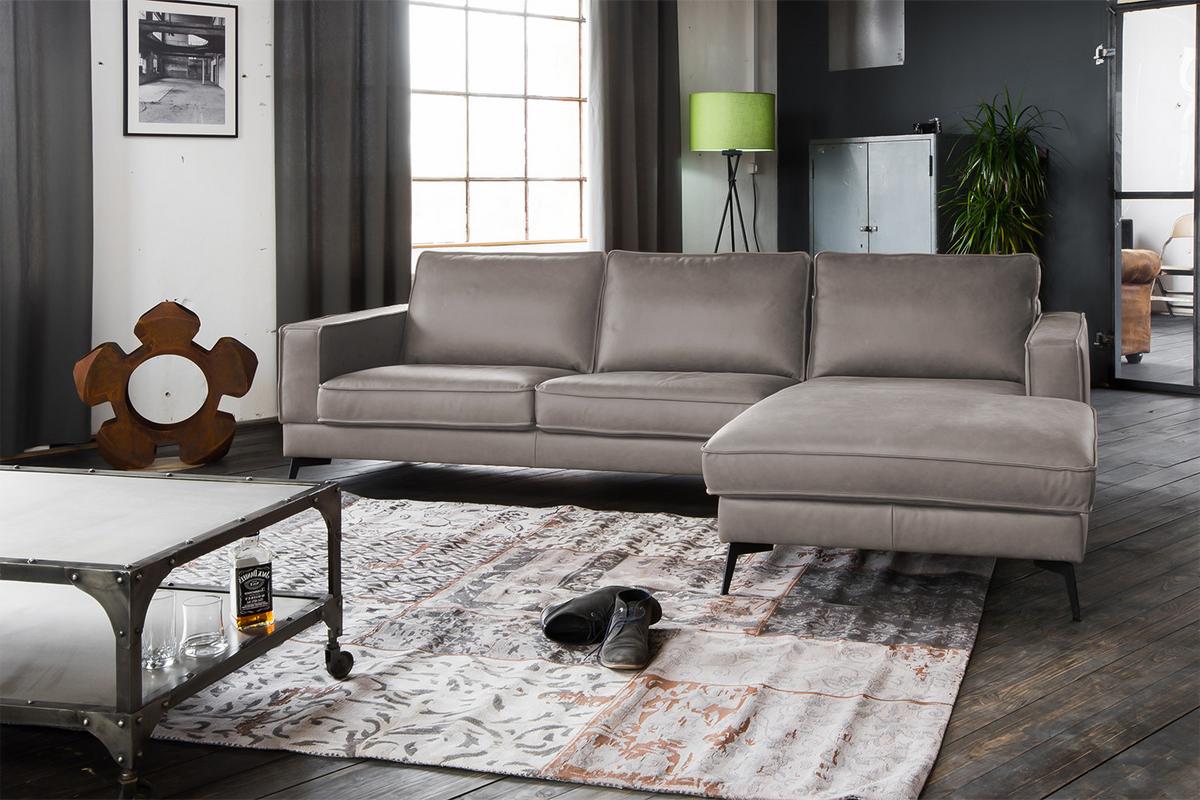 ECKSOFA BLOOM Hellgrau Leder - Hellgrau/Schwarz, Leder/Metall (276/177cm) - KAWOLA
