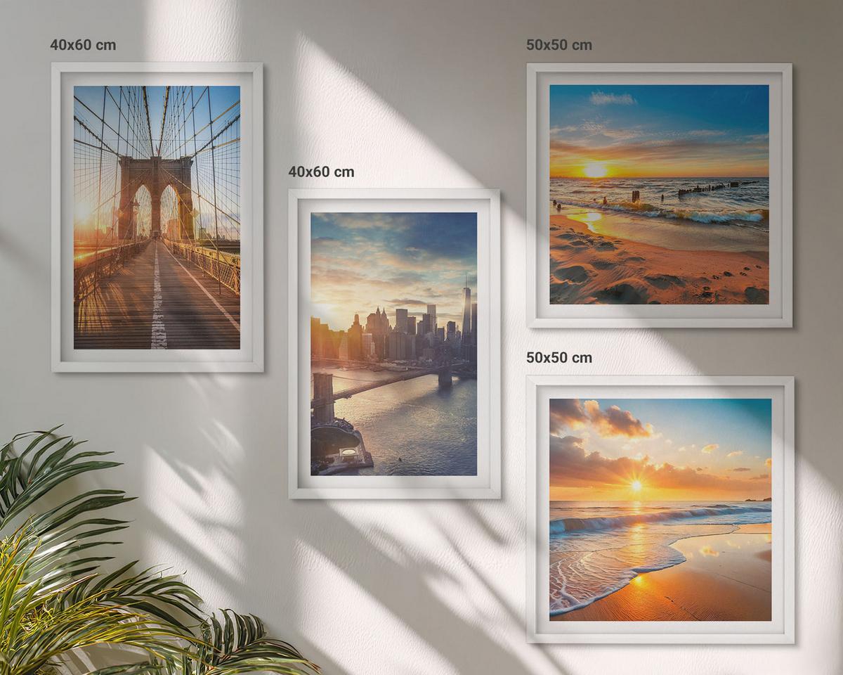 BILDER SET 4er Set - 50x50 cm & 40x60 cm Weißer Rahmen - Brücken, Sonnenuntergänge, Stadt - Weiß, Kunststoff (50/50cm) - TULUP