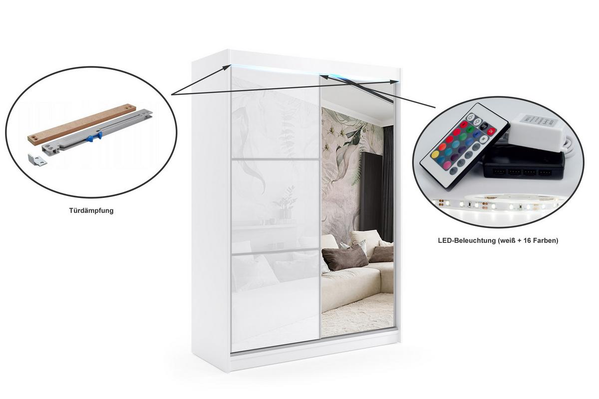 KLEIDERSCHRANK mit Spiegel-Schiebetüren und Aluminium-Leisten, LED-Beleuchtung - VIVI - 150 cm Weiß - Weiß, Holzwerkstoff (150/216/61cm) - ALTDECOR
