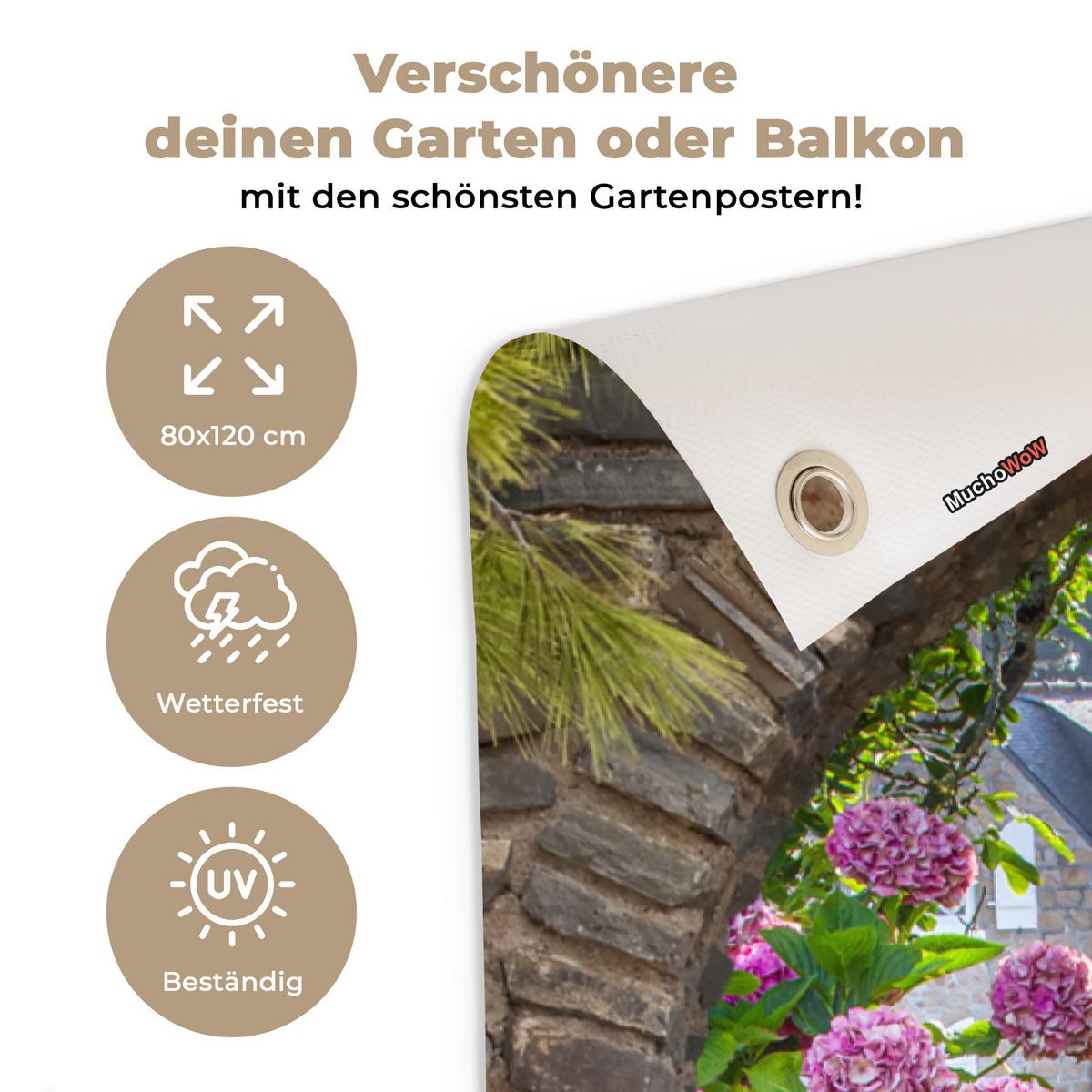 GARTENPOSTER Blumen - Guck-guck - Hortensie - Sommer Outdoor Bilder 80x120 cm - Braun, Kunststoff (80/120/0.2cm) - OnlyWow