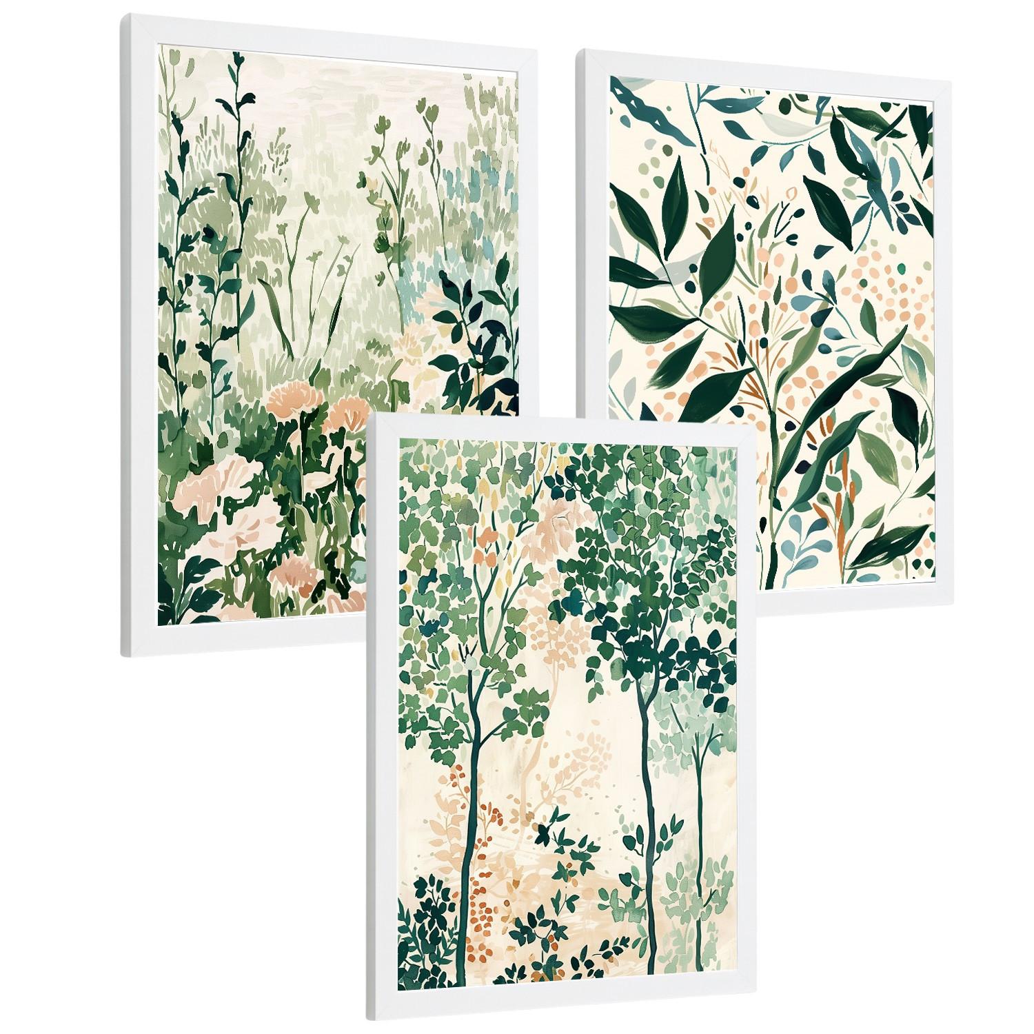 POSTER 3er-Set Wandbilder Floral Landschaft modern Wohnzimmer Deko, Schlafzimmer, Küche, Badezimmer Weißer Rahmen A3 - Weiß, Papier (29.7/1/42cm) - Nacnic