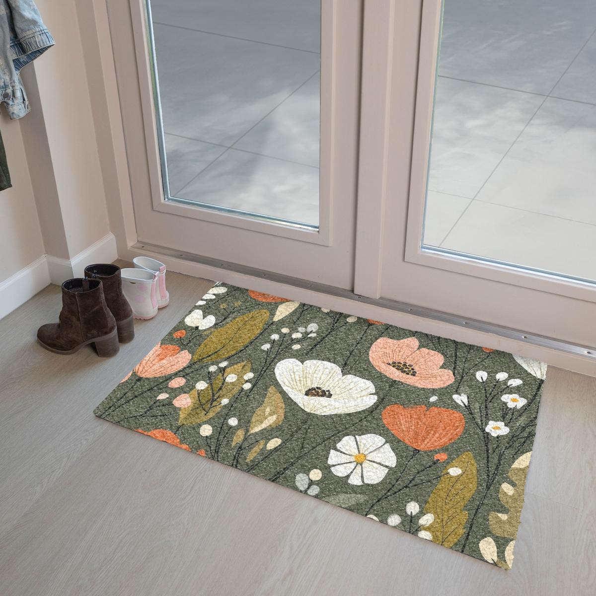 FUSSMATTE Blumen - Illustration - Grün Flurteppich 90x60 cm - Dunkelgrün, Kunststoff (90/0.4cm) - MuchoWow