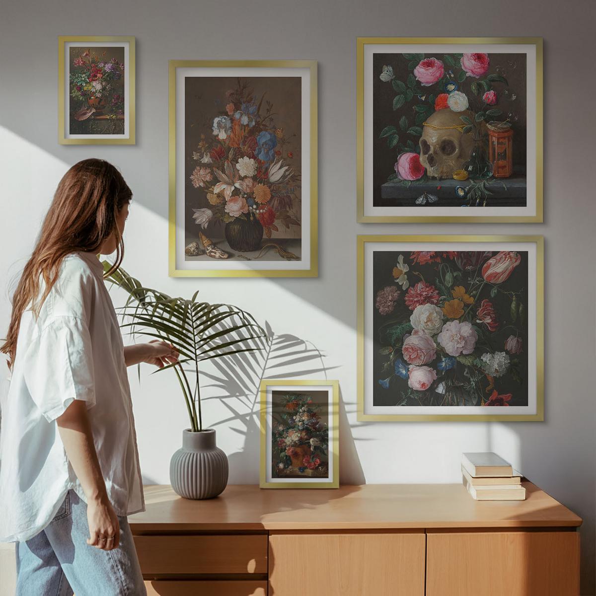 BILDER SET 5er Set - 50x50 cm & 20x30 cm & 40x60 cm Goldrahmen - Pfingstrosenporträt einer Frau für Zuhause - Goldfarben, Kunststoff (40/60cm) - TULUP
