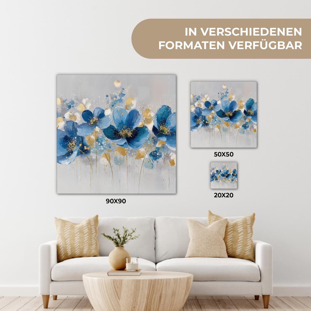 LEINWANDBILD Blumen - Blau - Abstrakt Wandbild Wohnzimmer 50x50 cm - Hellgrau, Textil (50/50cm) - MuchoWow