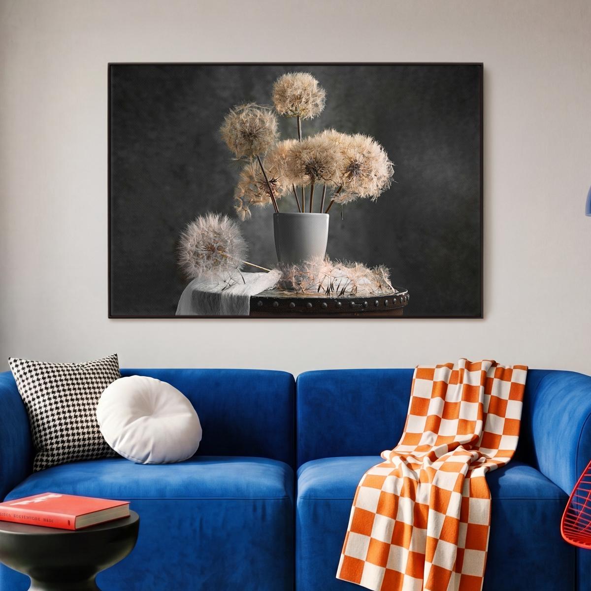 LEINWAND Bilder mit Rahmen - Blumensamen - Löwenzahn - Vase - Stilleben - Blumenstrauß - 90x60 - Dunkelgrau, Textil (90/60cm) - MuchoWow