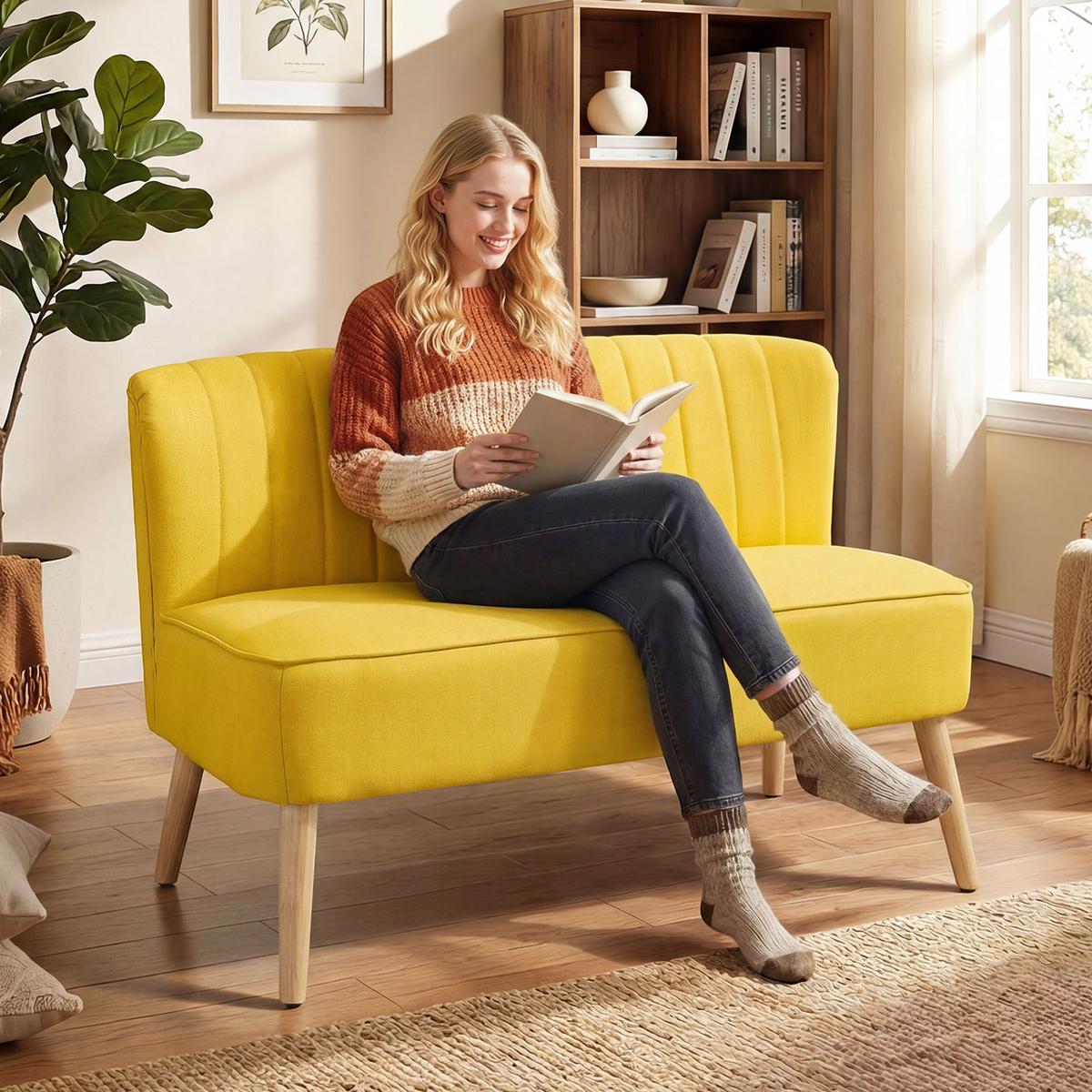 SOFA 2-Sitzer Couch Stoffsofa Sitzmöbel Polstersofa Loungesofa breit Gelb - Gelb/Naturfarben, Holz/Textil (56.5/77/117cm) - HOMCOM