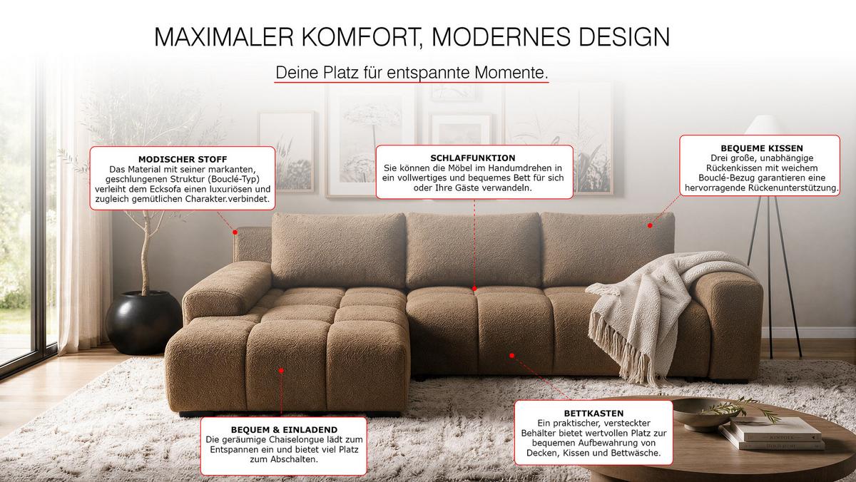 ECKSOFA Ovia mit Bettkasten und Schlaffunktion, Bouclé-Stoff in L-Form - Braun, Textil (270/185cm)