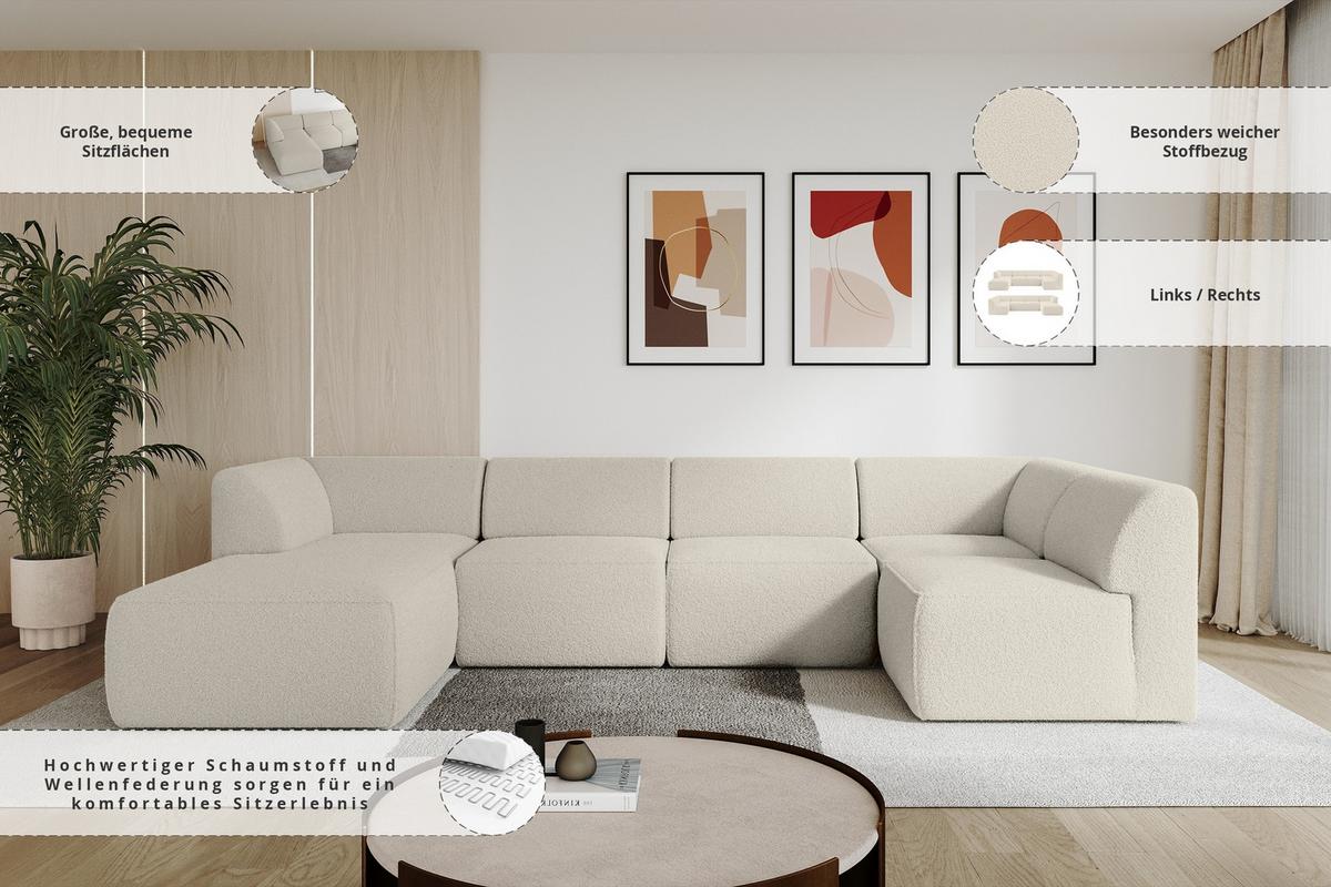 WOHNLANDSCHAFT Ottomane Links MOVO-L 345x180x78 cm Beige Bouclé - Hellbraun, Holzwerkstoff/Kunststoff (345/78/180cm) - ALTDECOR