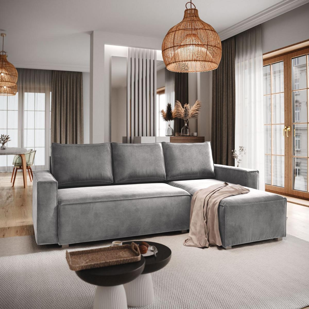 ECKSOFA SILES Hellgrau Velours-Stoff mit Schlaffunktion - Hellgrau/Grau, Holz/Kunststoff (230/140cm) - MASSENO