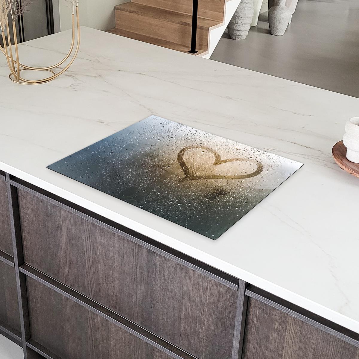 HERDABDECKPLATTE Herz - Kondenswasser - Wasser - 3D Herdabdeckung Induktionsfeld 70x52 cm - Grau, Kunststoff (70/52/0.2cm) - MuchoWow