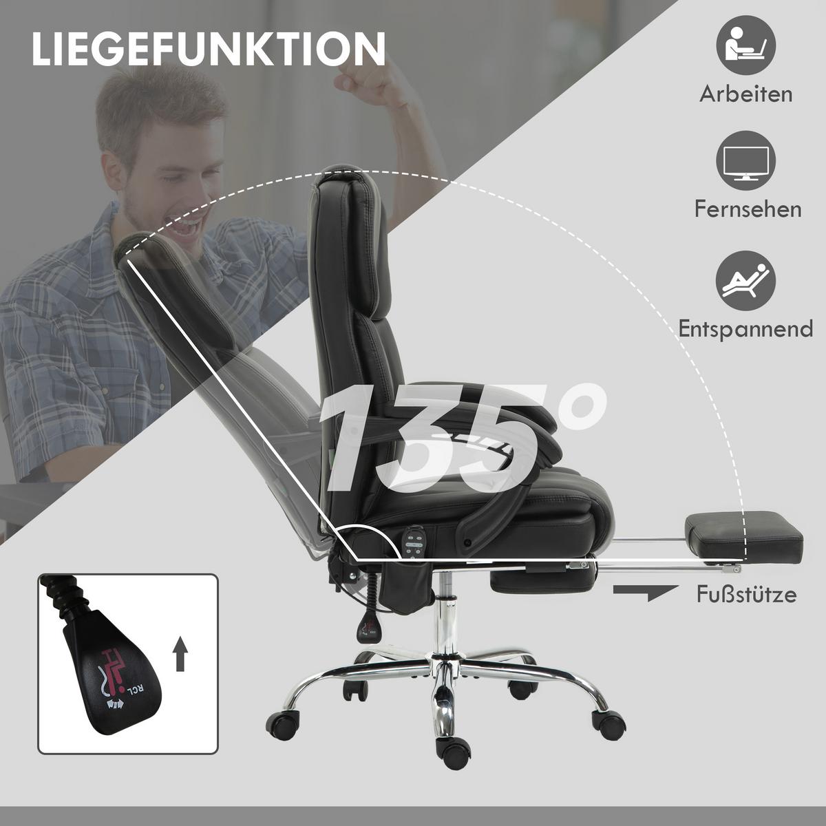 BÜROSTUHL mit Massagefunktion PC-Stuhl mit Heiz-, Liegefunktion Schwarz - Silberfarben/Schwarz, Kunststoff/Metall (67/126/66cm) - Vinsetto