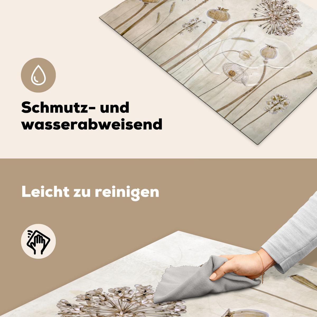 HERDABDECKPLATTE Blumen - Aquarell - Stilleben - Braun - Vintage Herdabdeckung Induktionsfeld 75x52 cm - Sandfarben, Kunststoff (75/52/0.2cm) - MuchoWow