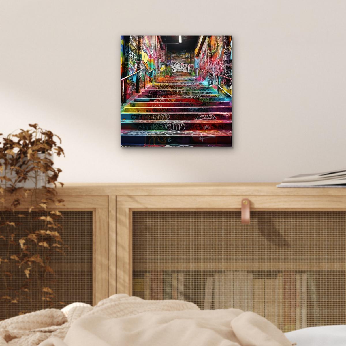 METALLBILD Treppe - Graffiti - Farben - Kunst 20x20 cm - Multicolor, Metall (20/20cm) - MuchoWow