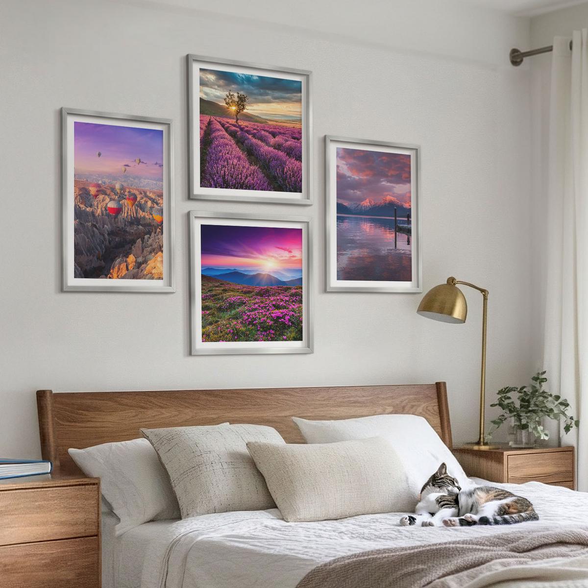BILDER SET 4er Set - 50x50 cm & 40x60 cm Silberner Rahmen - Sonnenuntergang auf Lavendelfeldern - Silberfarben, Kunststoff (50/50cm) - TULUP