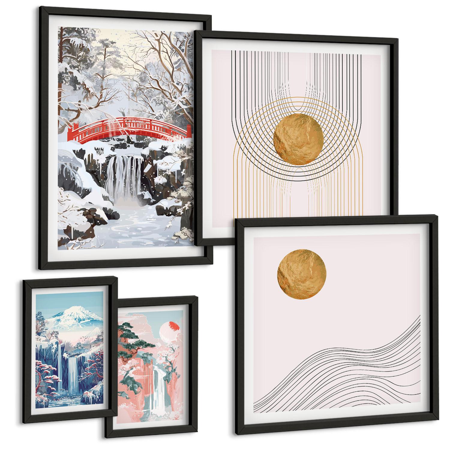 BILDER SET 5er Set - 50x50 cm & 20x30 cm & 40x60 cm Schwarzer Rahmen - Sommerliche Strandansichten in Pastellfarben - Schwarz, Kunststoff (40/60cm) - TULUP
