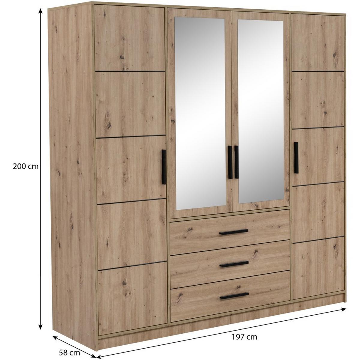 DREHTÜRENSCHRANK Kavo mit Spiegel und 4 Türen, eiche Artisan - Schwarz/Eiche Artisan, Holzwerkstoff (200/200/58cm) - Beautysofa