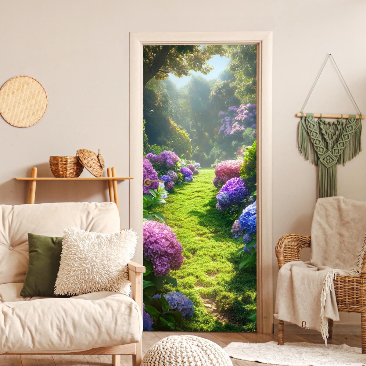 TÜRAUFKLEBER Natur - Hortensie - Blumen - Grün Fototapete selbstklebend 80x205 cm - Türtapete - Hellgrün, Kunststoff (80/0.1cm) - MuchoWow