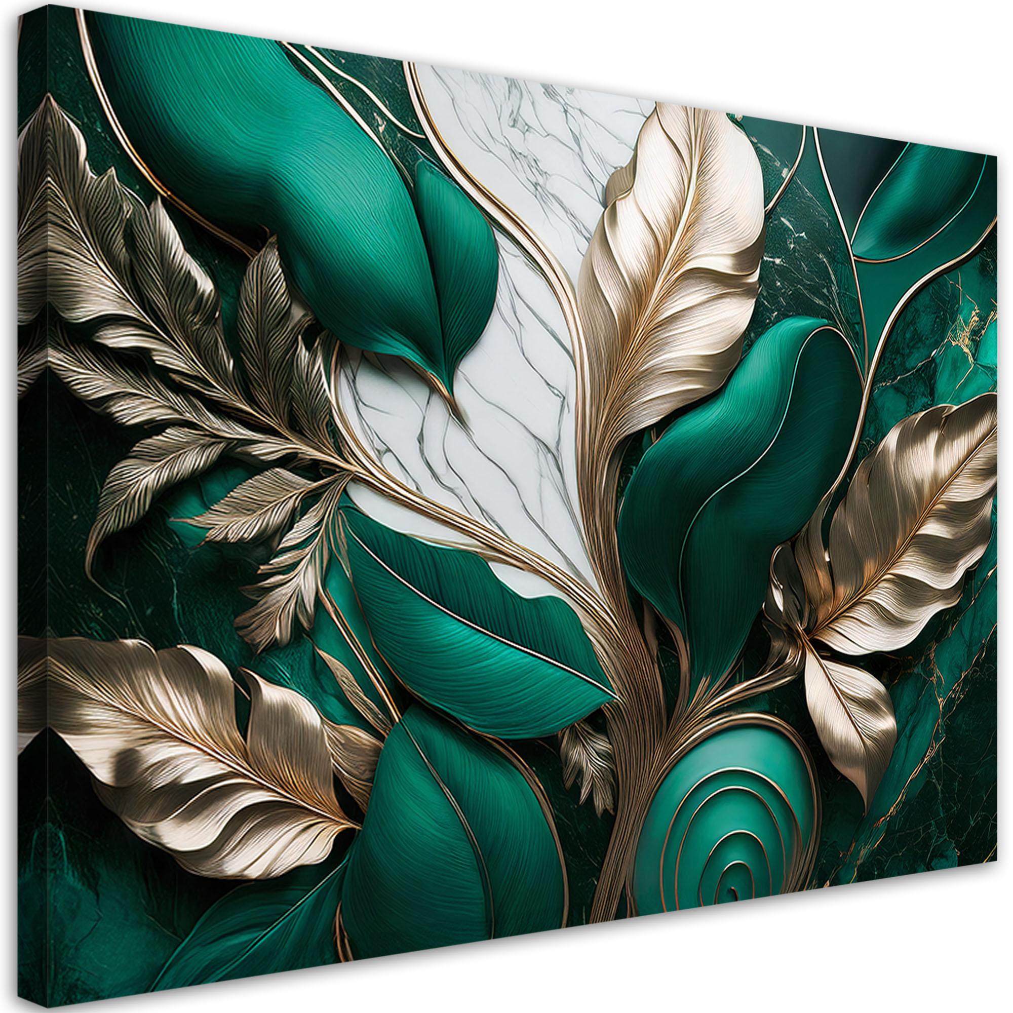 LEINWANDBILD Blätter im Gold Glamour Loft-Stil 60x40cm - Grün, Textil (60/40cm) - Feeby
