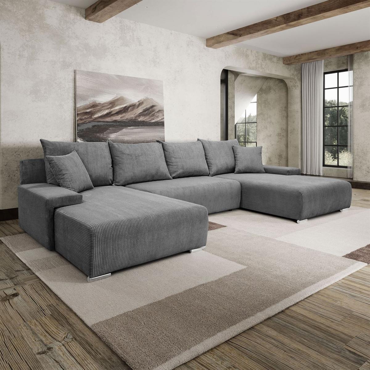 WOHNLANDSCHAFT LAVIO U mit Schlaffunktion und Bettkasten - Grau, Textil (348/93/188cm) - Lookway