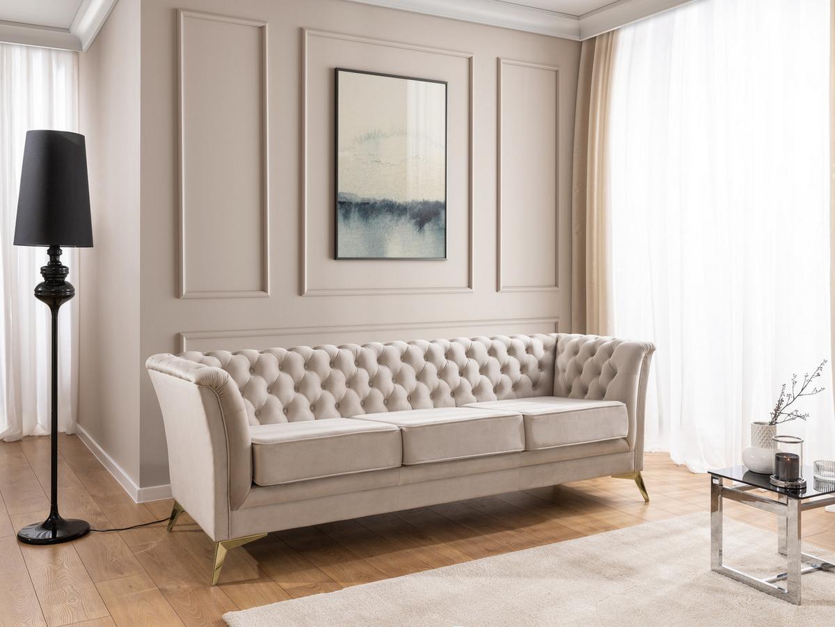 CHESTERFIELD-SOFA 3-sitzer Whitby Beige Samt mit goldenen Füßen - Beige/Goldfarben, Holz/Textil (237/78/82cm) - S-Style Möbel